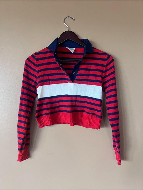 Vintage Tops - Vintage Red and Navy Striped Cropped Polo Sweater with White Stripe